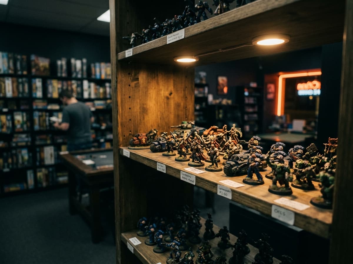 Painted miniatures on a display shelf