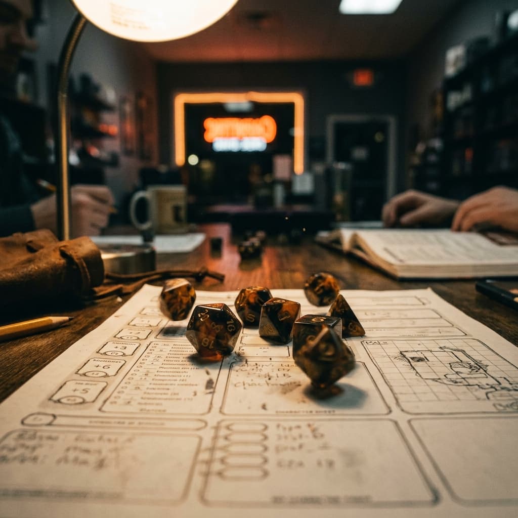 Close-up of dice and a character sheet